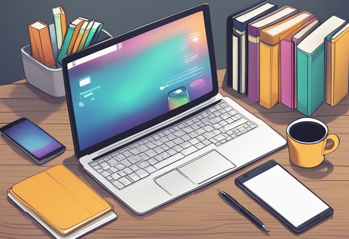 A laptop, smartphone, and tablet on a desk with a notepad and pen, surrounded by books on digital entrepreneurship and IT business tips