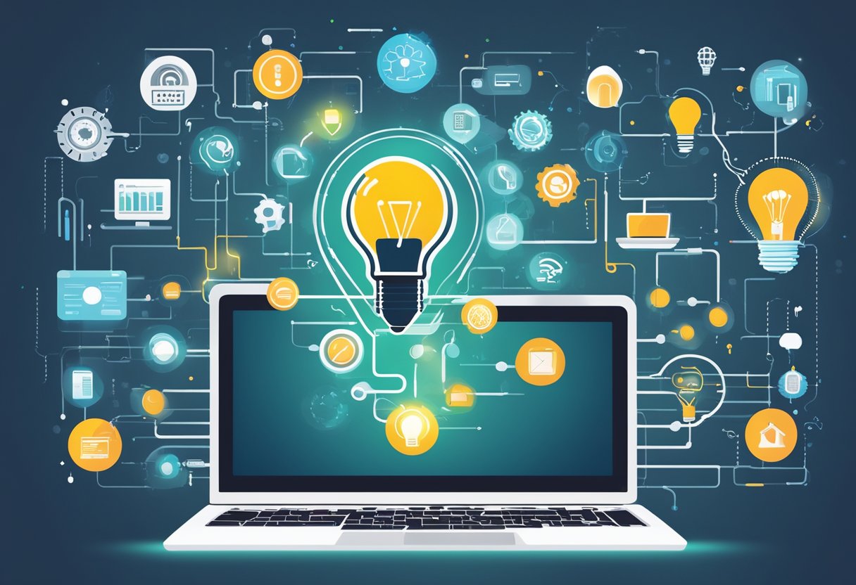 A laptop surrounded by technology icons and a lightbulb, symbolizing the challenges and opportunities in digital entrepreneurship