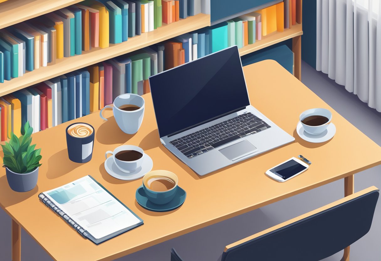 A laptop on a desk with a notepad, pen, and coffee cup. A bookshelf filled with business and technology books in the background